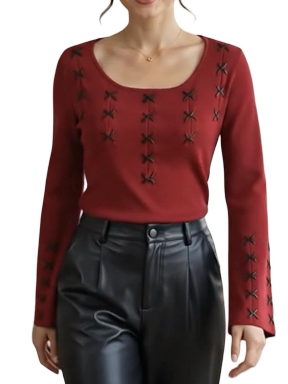 Michele Nicole Scoop Neck Bell Sleeve Statement Top Leatherette Details M